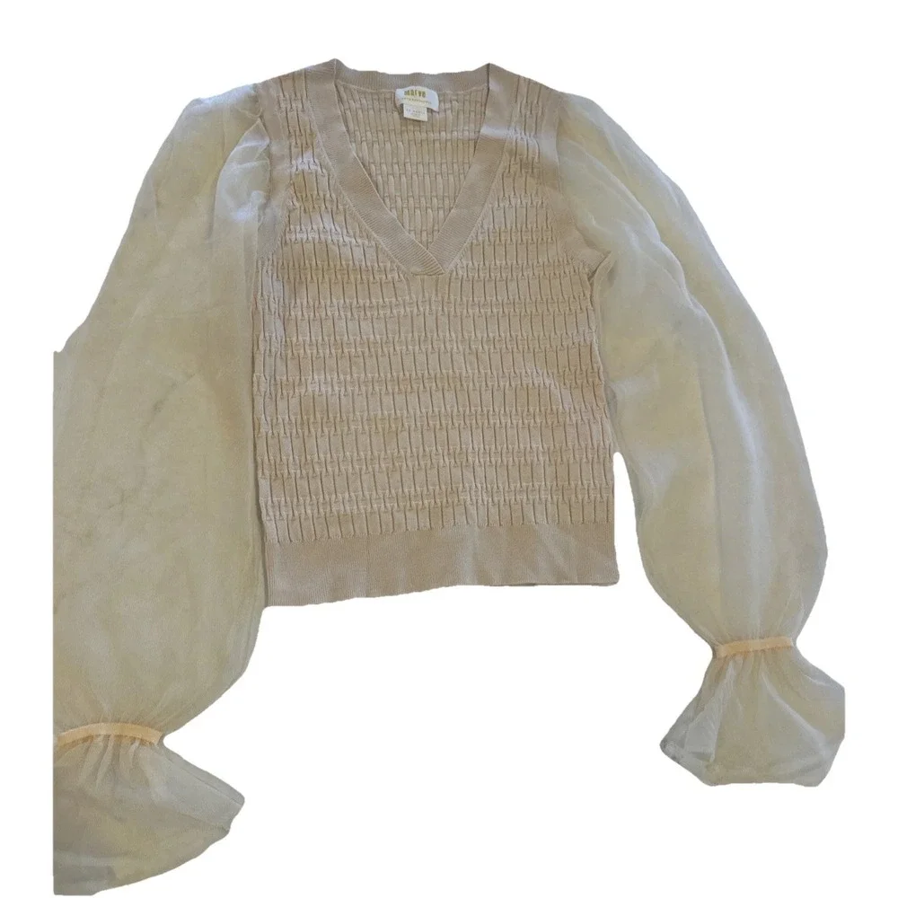 ANTHROPOLOGIE MAEVE Ivory XXS Sheer Organza Sleeve Textured Knit V-Neck Pullover